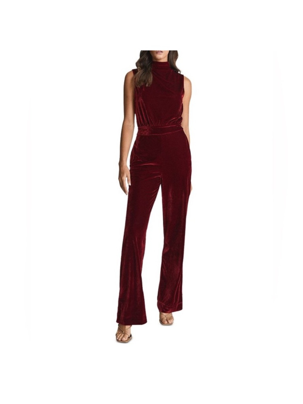 Reiss Burgundy Velvet Mock-Neck Sleeveless Jumpsuit